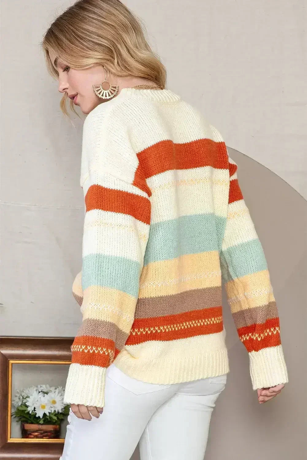White Striped Color Block Drop Shoulder Knit Sweater - Femstylo