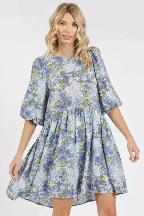 Mittoshop Flower Print Linen Blend Babydoll Mini Dress - Femstylo