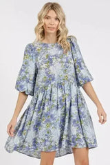 Mittoshop Flower Print Linen Blend Babydoll Mini Dress - Femstylo