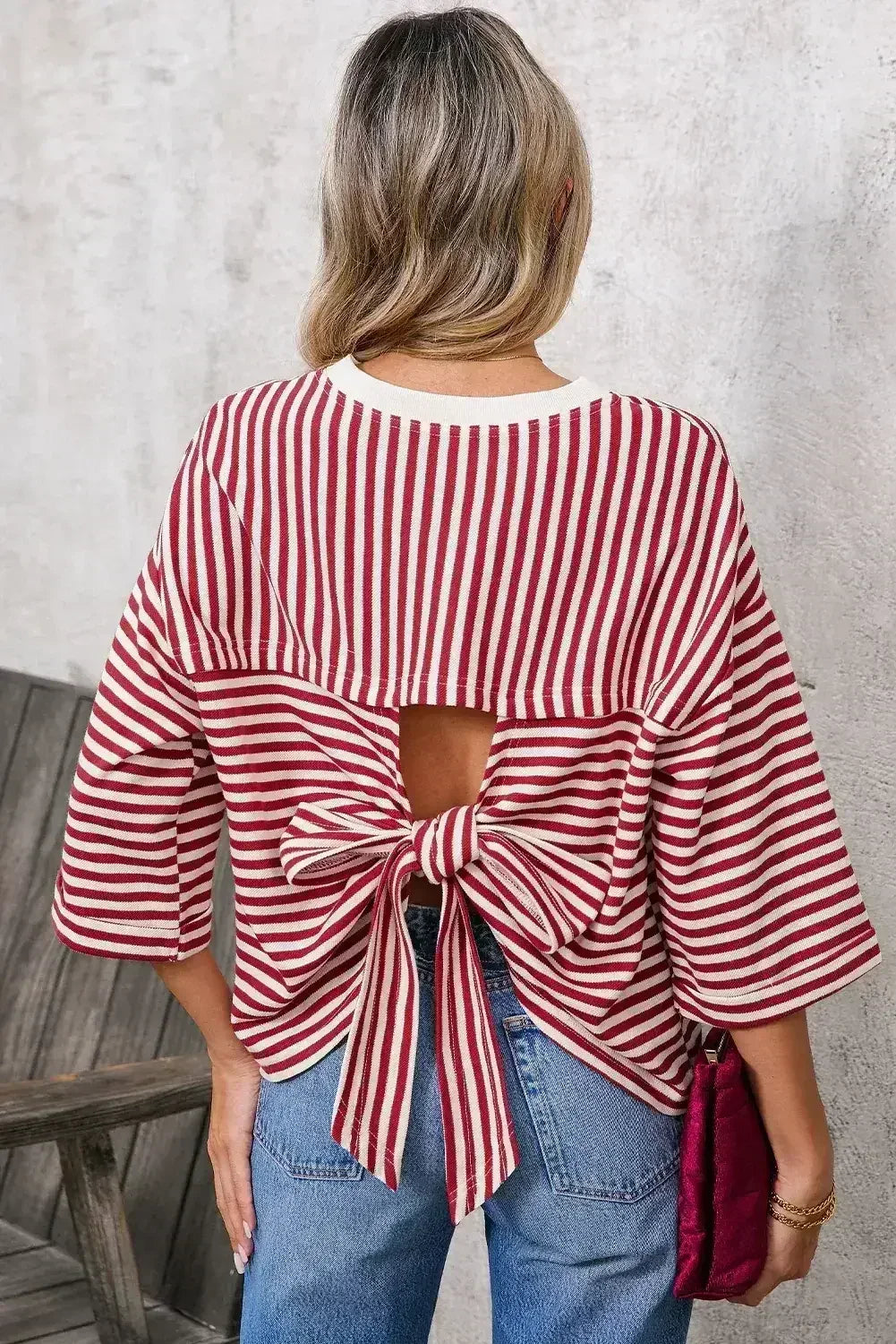 Black Stripe Bowknot Backless T-Shirt - Femstylo