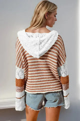 Double Take Full Size Openwork Contrast Long Sleeve Hooded Sweater - Femstylo