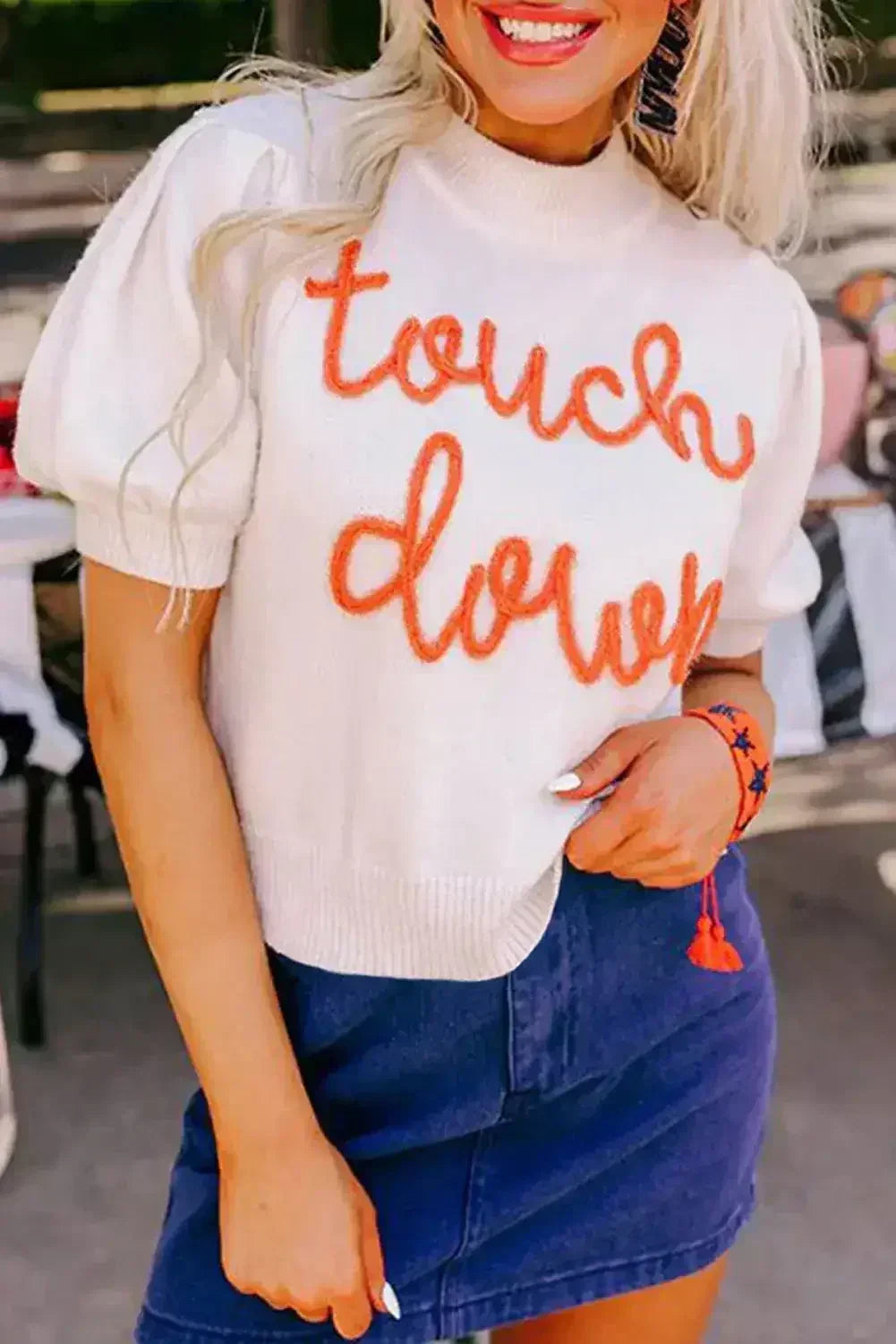 White Touchdown Tinsel Puff Short Sleeve Sweater - Femstylo