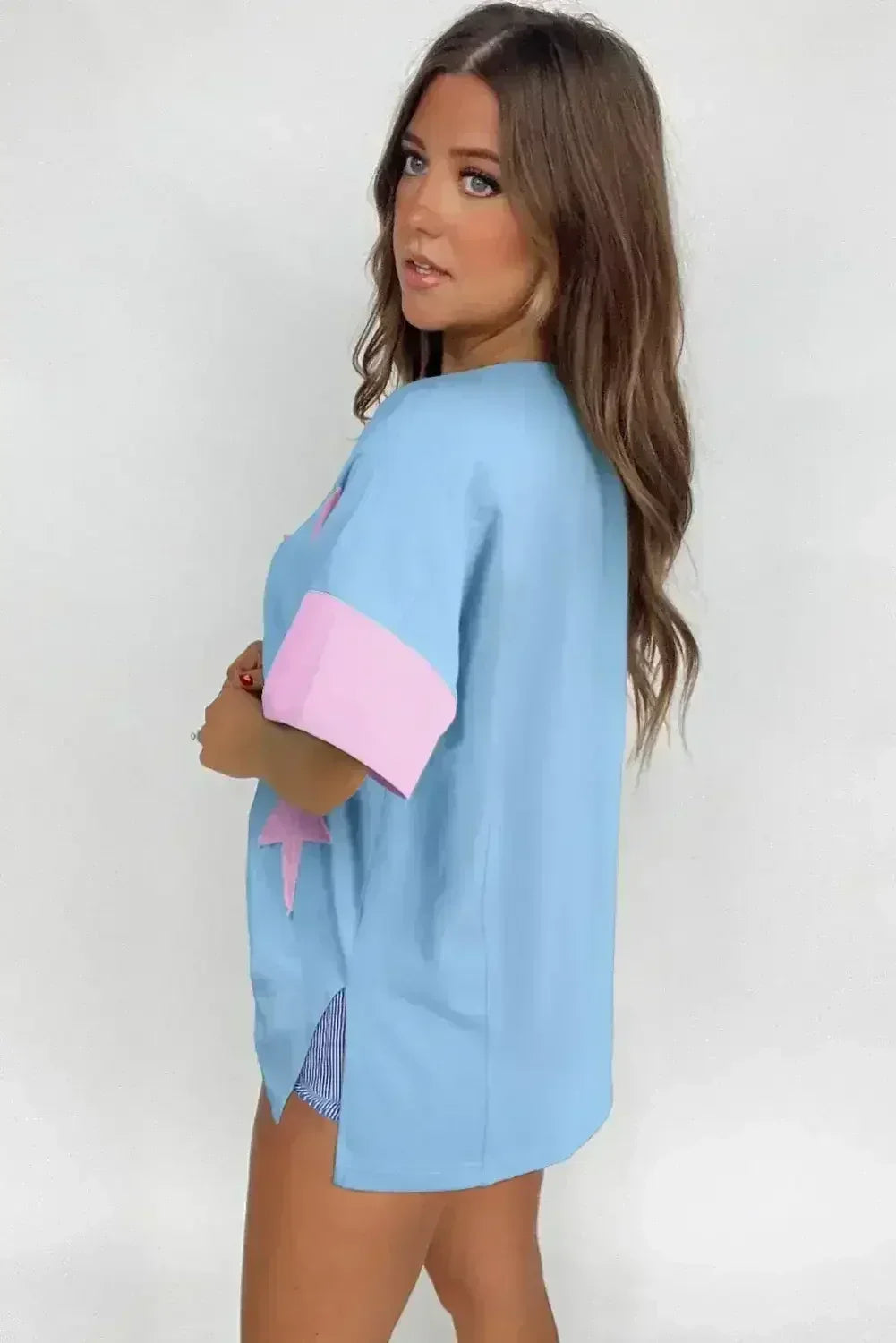 Aruba Blue Frayed Star Patched 4th of July Oversize T Shirt - Femstylo