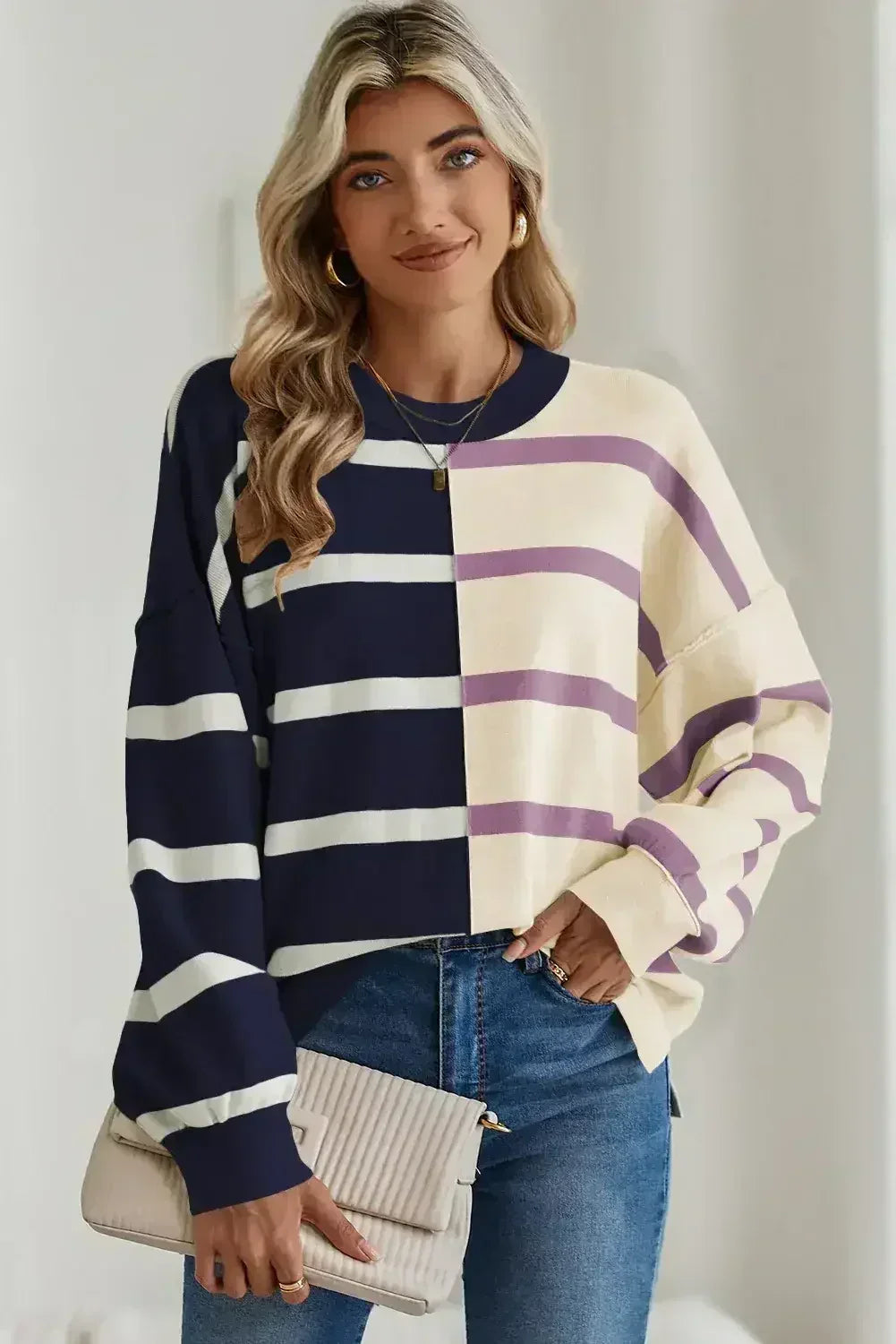 Pink Striped Patchwork Drop Shoulder Sweater - Femstylo
