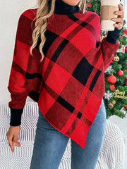 Plaid Turtleneck Batwing Sleeve Sweater - Femstylo