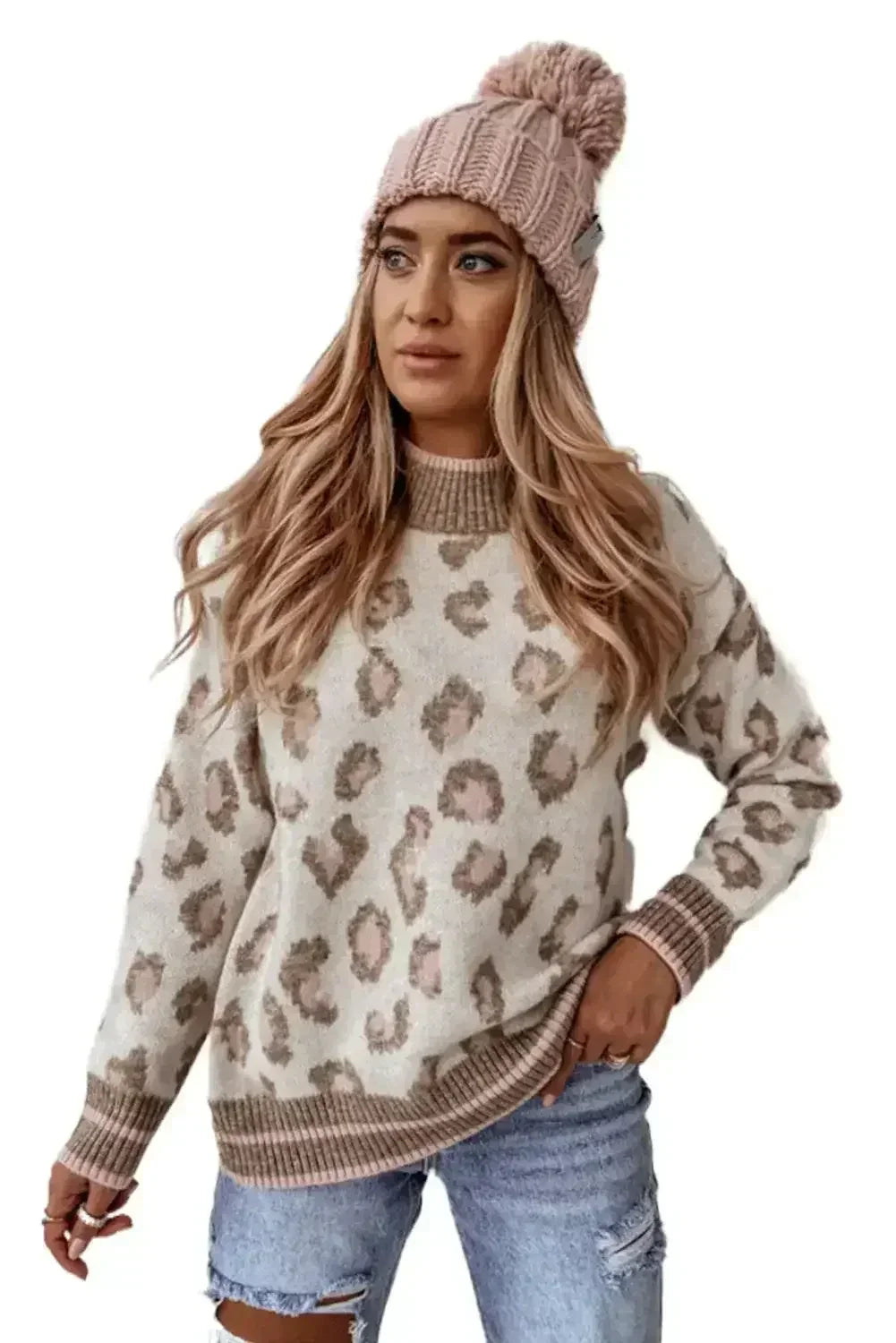 Brown Two-tone Ribbed Trim Contrast Leopard Sweater - Femstylo
