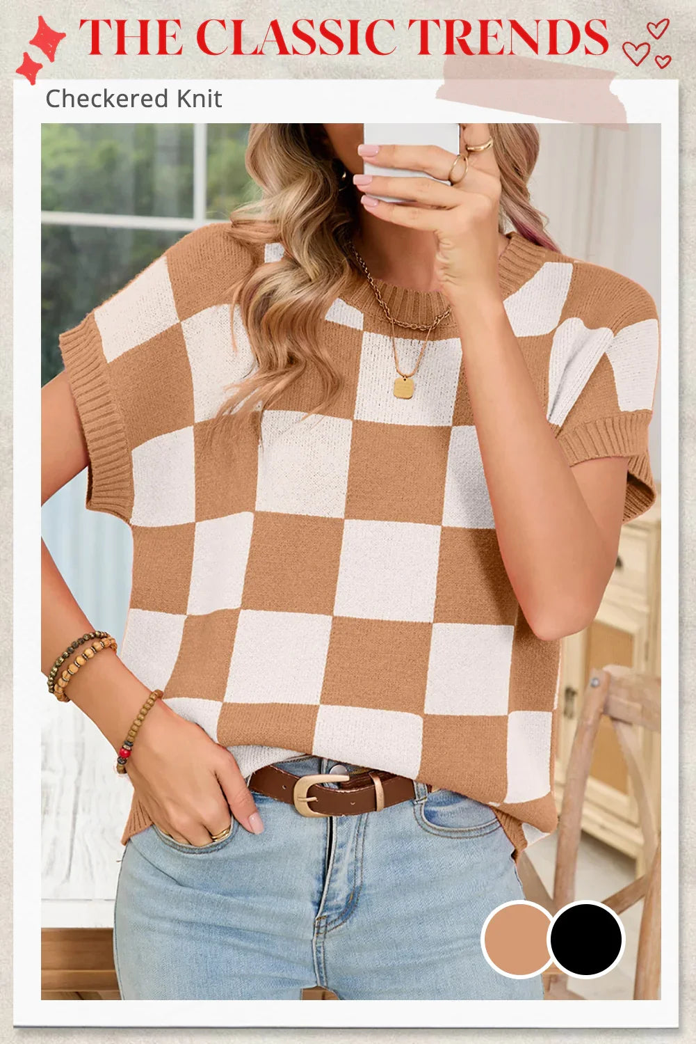 Light French Beige Checkered Knit Dolman Short Sleeve Sweater