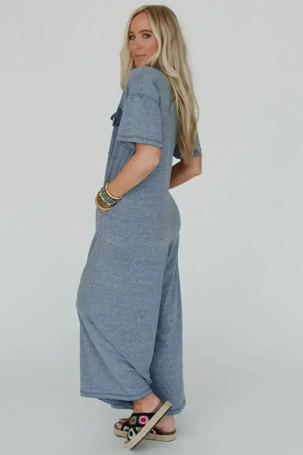 Jet Stream Patchwork Pocket Short Sleeve Jumpsuit - Femstylo