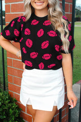 Black Rugby Print Casual Knit Short Sleeve Sweater