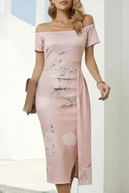 Printed Off-Shoulder Split Dress - Femstylo
