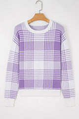 Lilac Plaid Print Ribbed Trim Loose Sweater
