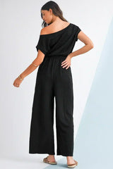 Black Checkered Mesh One Shoulder Short Sleeve Knotted Waist Jumpsuit - Femstylo
