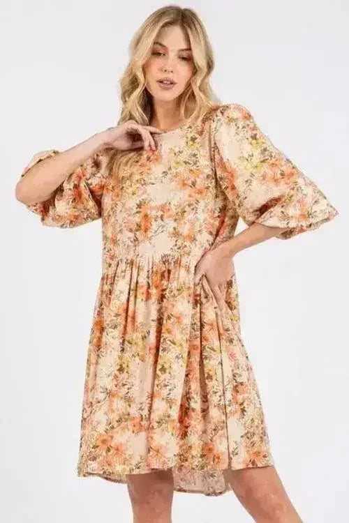 Mittoshop Flower Print Linen Blend Babydoll Mini Dress - Femstylo