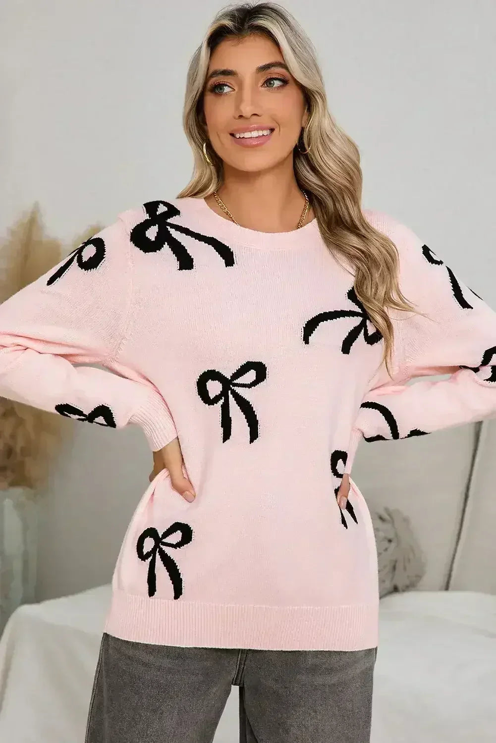 Light Pink Bow Print Long Sleeve Loose Fit Sweater - Femstylo