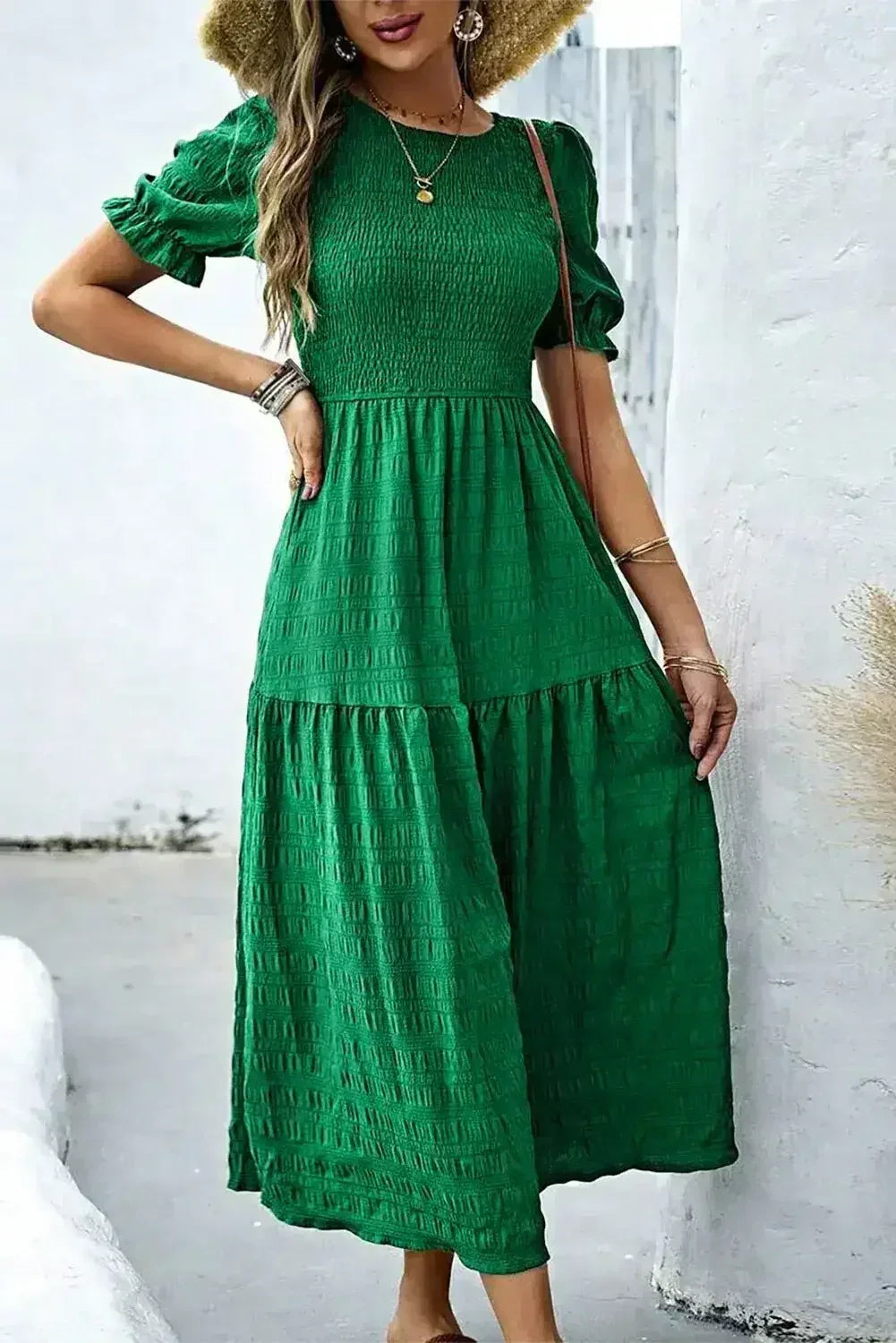 Sail Blue Solid Textured Smocked High Waist Midi Dress - Femstylo