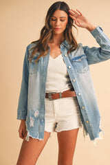 Beau Blue Light Wash Distressed Frayed Long Denim Shacket