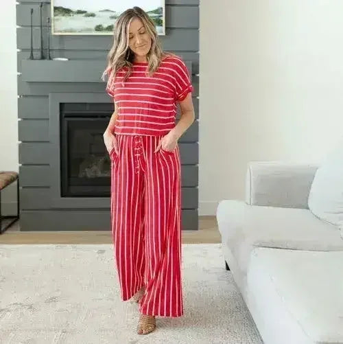 Stripe Jumpsuit Elastic Waist Back Keyhole - Femstylo