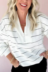 White Striped Zipper V-Neck Drop Sleeve Top - Femstylo