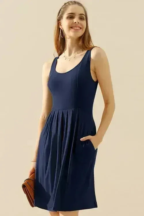 Doublju Full Size Round Neck Ruched Sleeveless Dress with Pockets - Femstylo