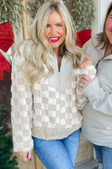 Khaki Checkered Sherpa Corduroy Patchwork Zip-up Collared Jacket