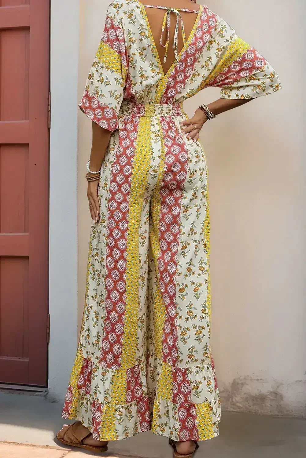 Yellow Boho V Neck Half Sleeve Patchwork Maxi Dress - Femstylo