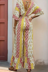 Yellow Boho V Neck Half Sleeve Patchwork Maxi Dress - Femstylo