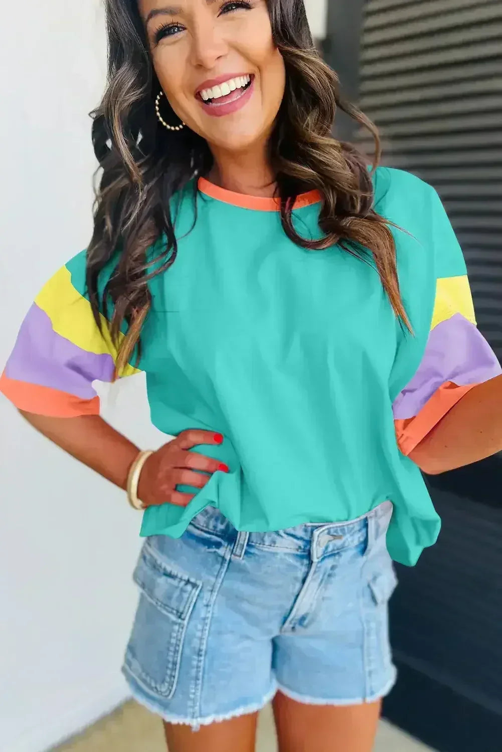 Light Blue Color Block Sleeve Round Neck Oversize Top - Femstylo