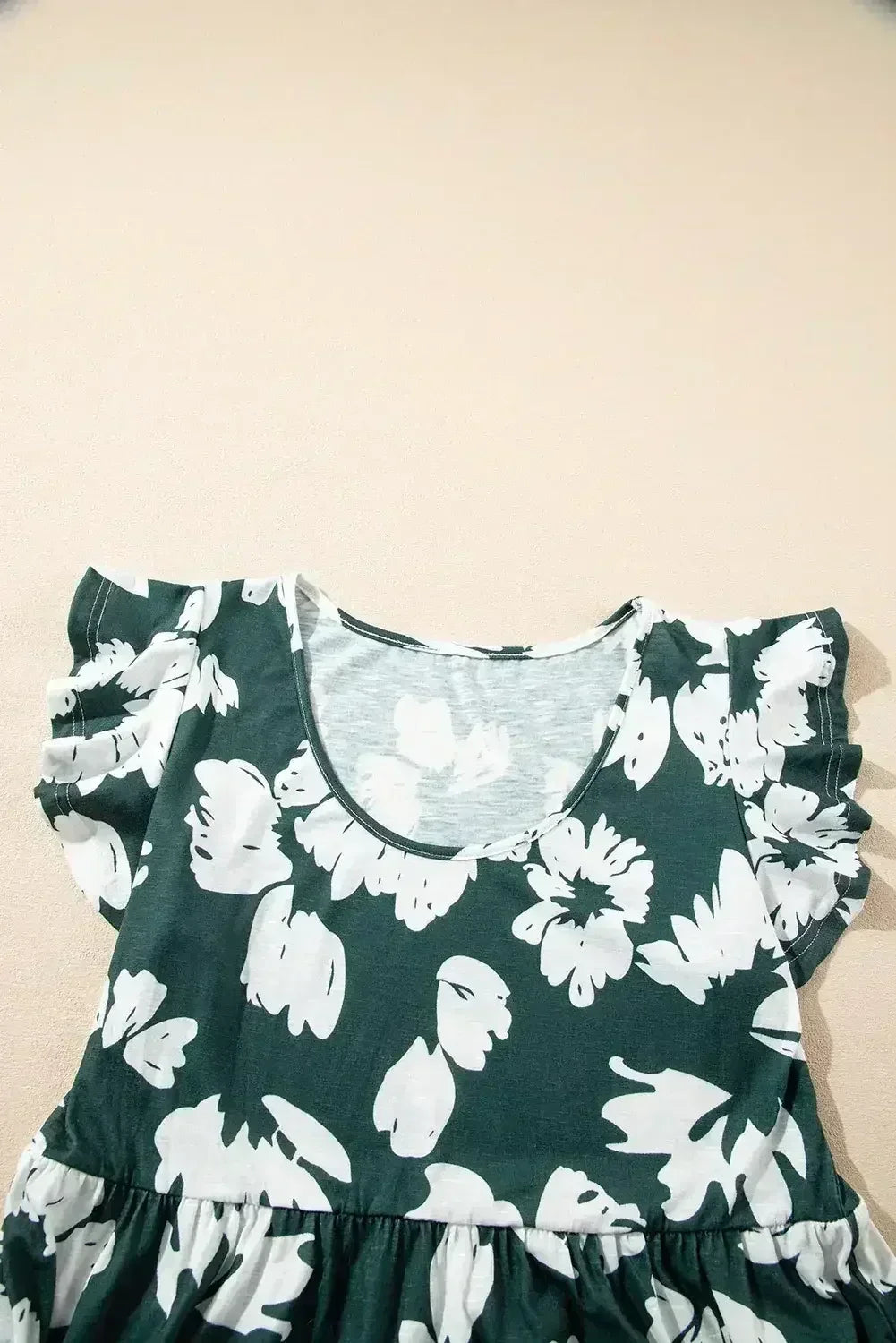 Dark Green Floral Print Ruffle Sleeve Empire Waist Mini Dress - Femstylo