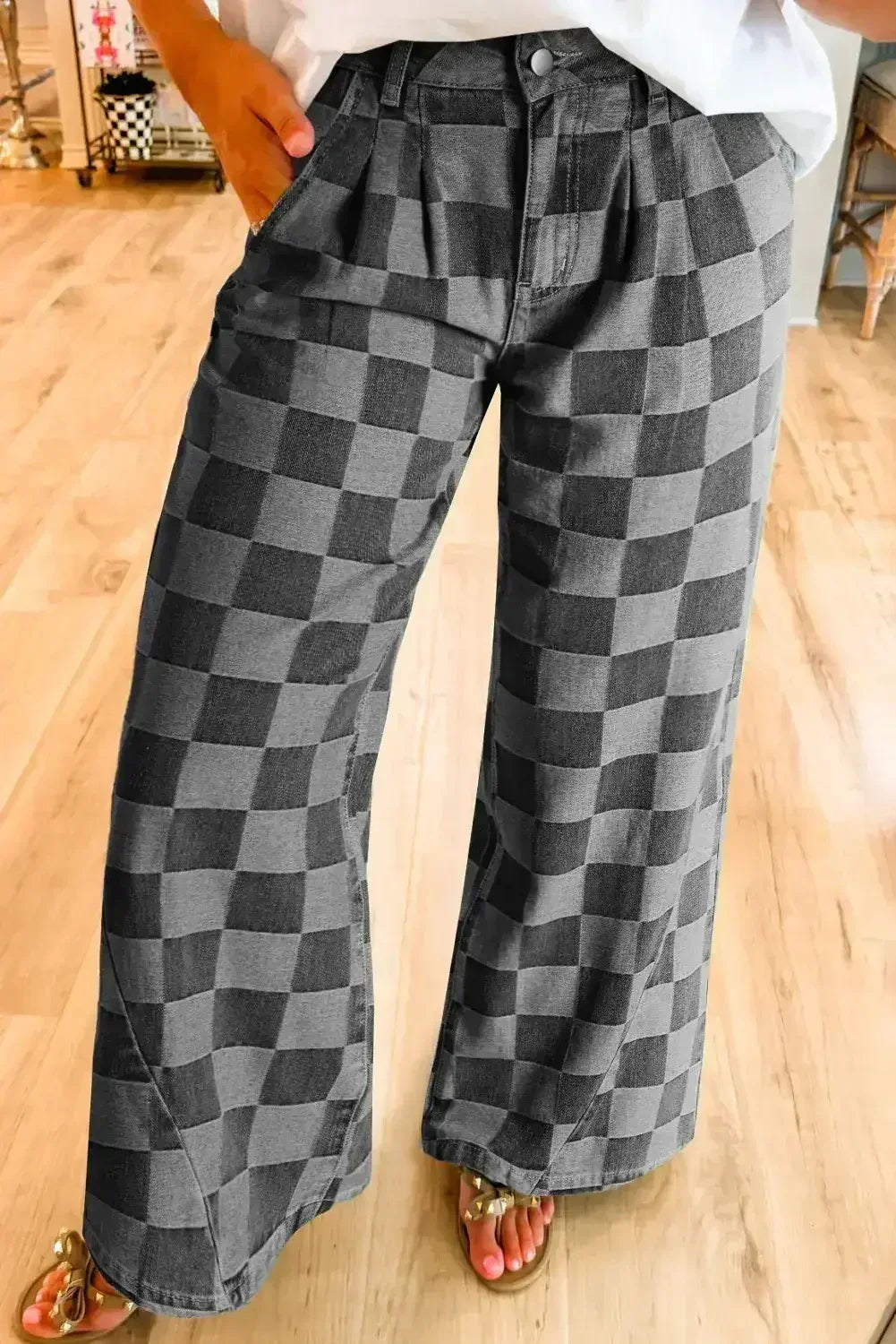 Dusk Blue Checkered Light Washed Wide Leg Jeans - Femstylo