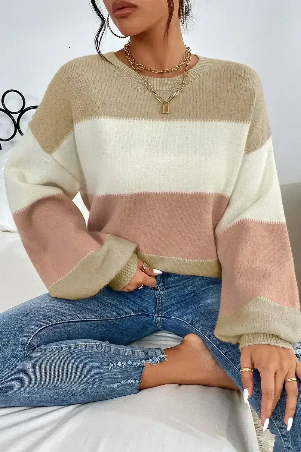 Dusty Pink Color Block Lantern Sleeve Drop Shoulder Sweater - Femstylo