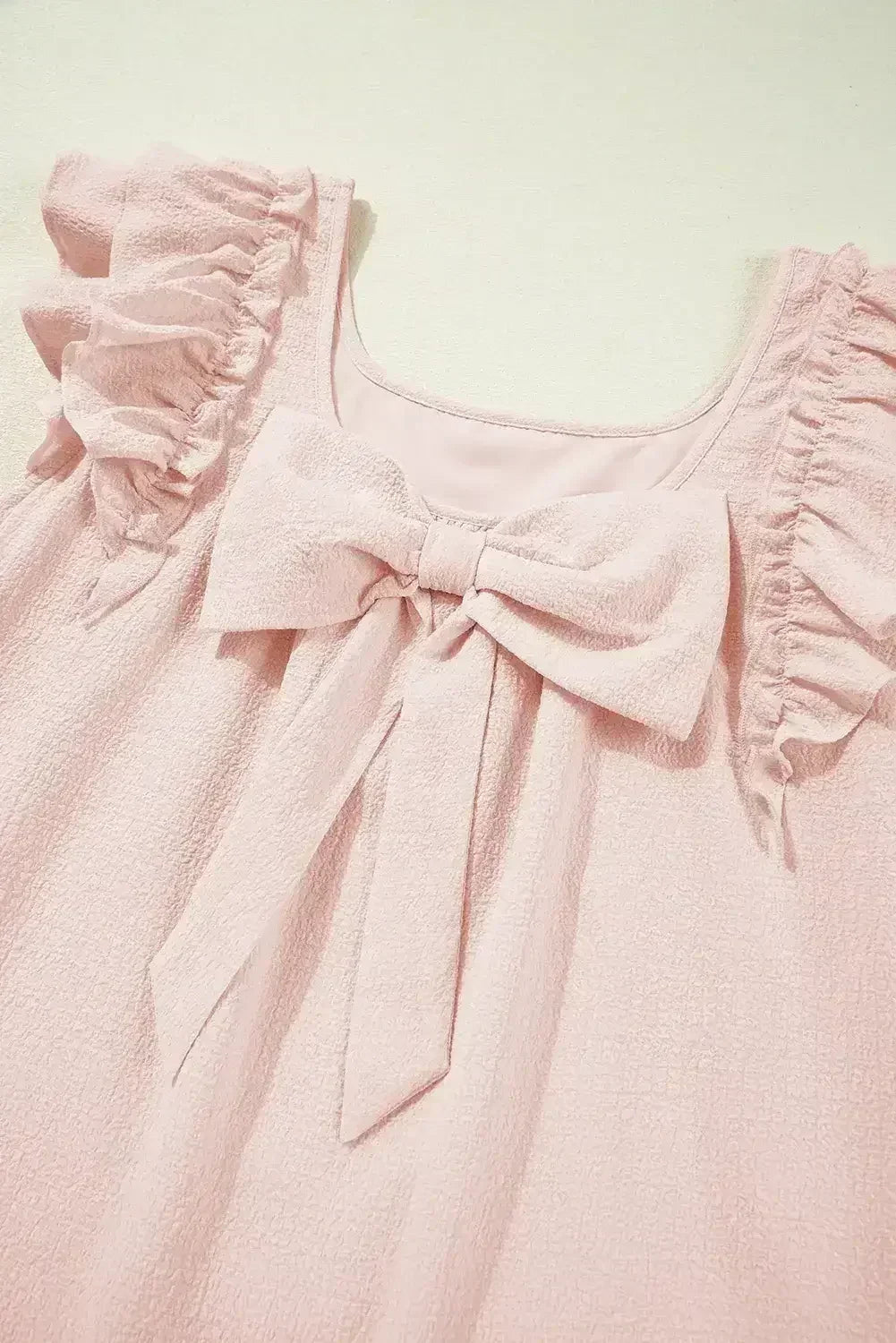 Light Pink Textured Flutter Sleeve Square Neck Bow Back Mini Dress - Femstylo