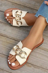 White Metal Buckle One Strap Flat Casual Slippers - Femstylo