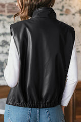 Black Double Flap Pocket Faux Leather Zip Up Stand Neck Vest