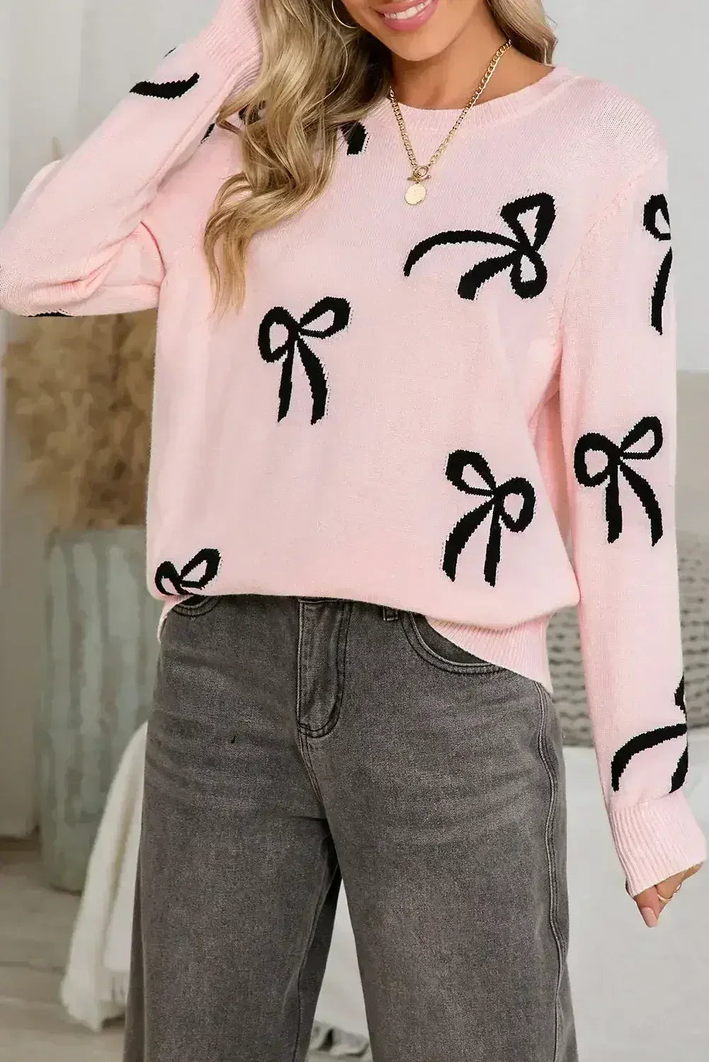 Light Pink Bow Print Long Sleeve Loose Fit Sweater - Femstylo