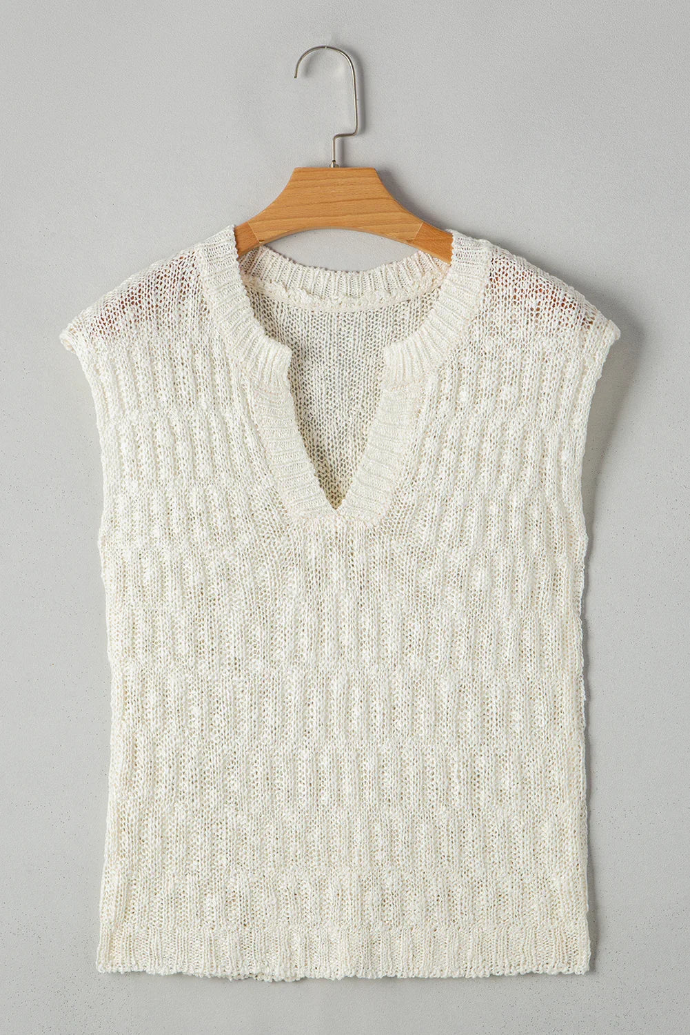 Beige Notched V Neck Short Sleeve Knit Top