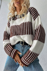 Brown Two Tone Striped Patchwork Drop Shoulder Sweater