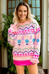 Multicolour Ethnic Christmas Pattern Knit Feather Cuffed Sweater