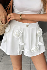 White 3D Flower Applique High Waist Shorts