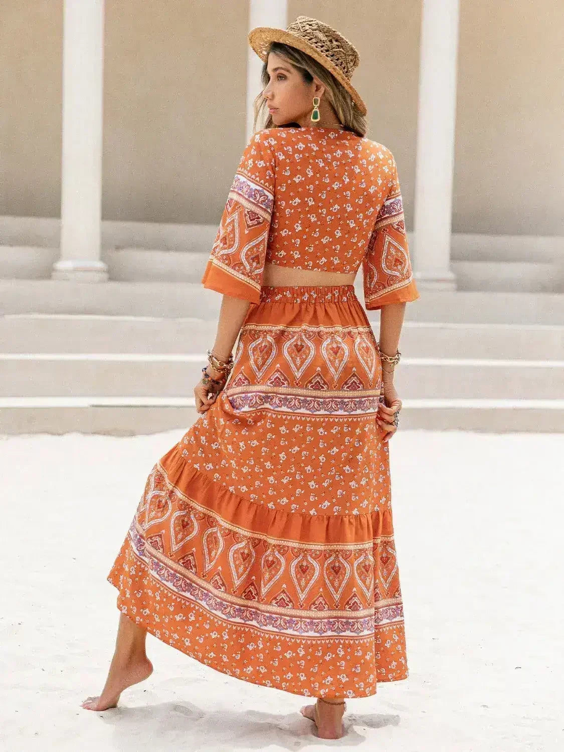 Printed Plunge Half Sleeve Top and Skirt Set - Femstylo