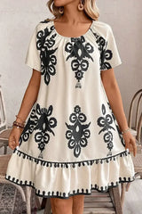 Apricot Ethnic Print Ruffle Hem Loose Mini Dress - Femstylo