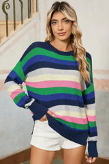 Bright Green Rainbow Striped Round Neck Drop Sleeve Sweater - Femstylo