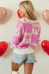 Pink Bow Knot Two Tone Checkered Crew Neck Sweater - Femstylo