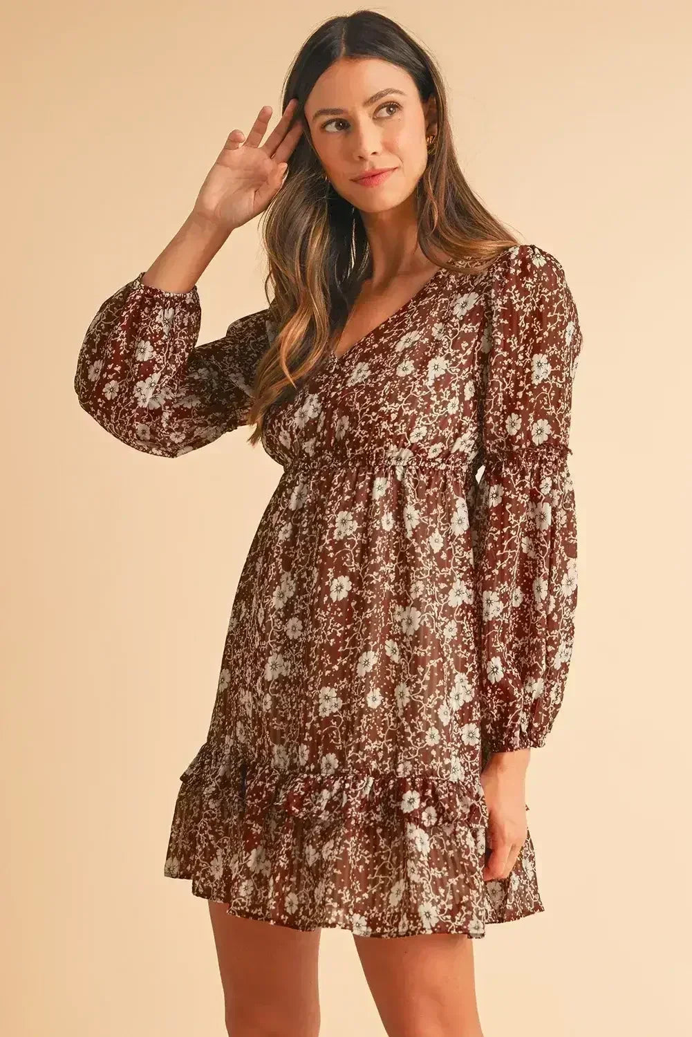 Brown Boho Floral Ruffle Puff Sleeve V Neck Mini Dress - Femstylo