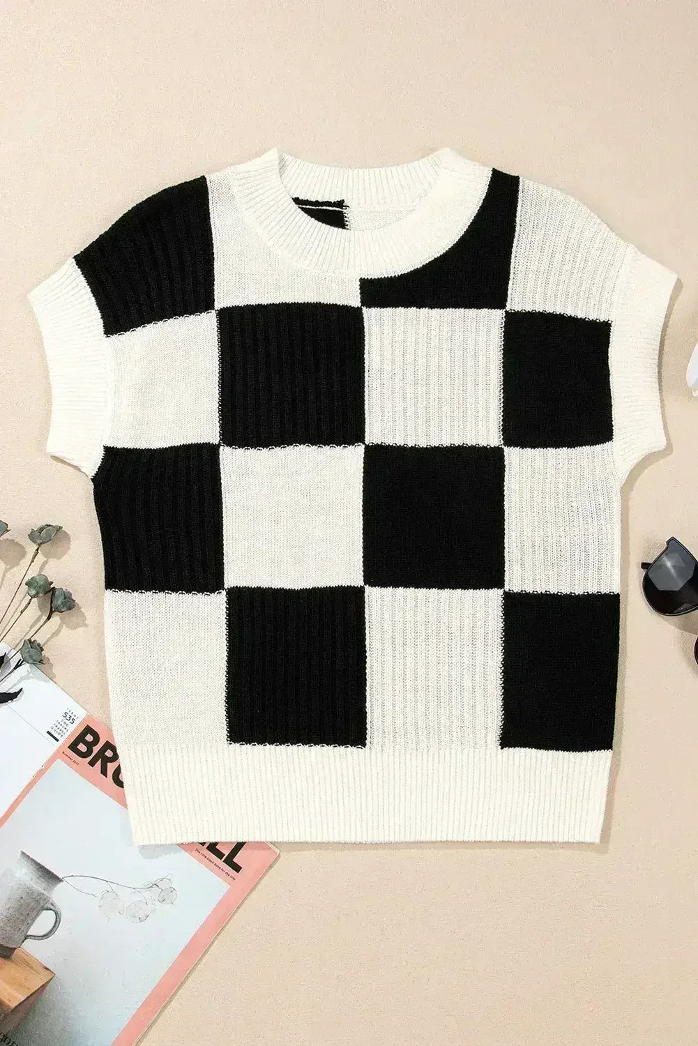 Light Blue Checkered Color Block Crew Neck Short Sleeve Sweater - Femstylo