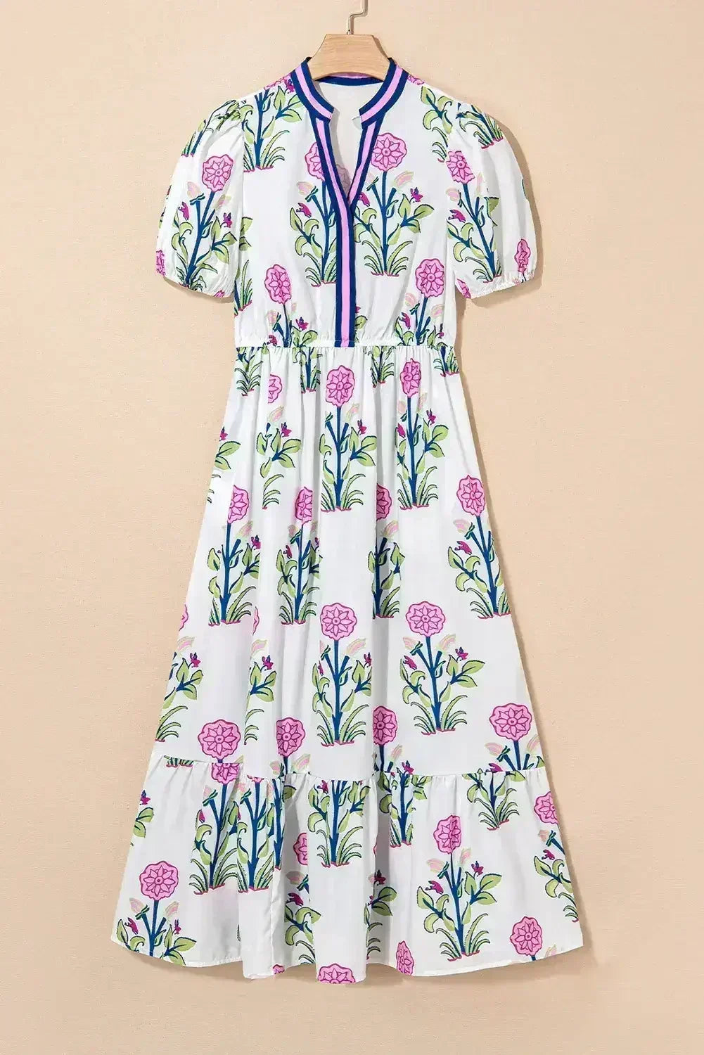 Blue Floral Ruffle Hem Pop of Color Neckline Dress - Femstylo