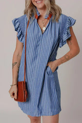 Sky Blue Stripe Frilly Split Neck Shirred Ruffle Sleeve Mini Shift Dress - Femstylo