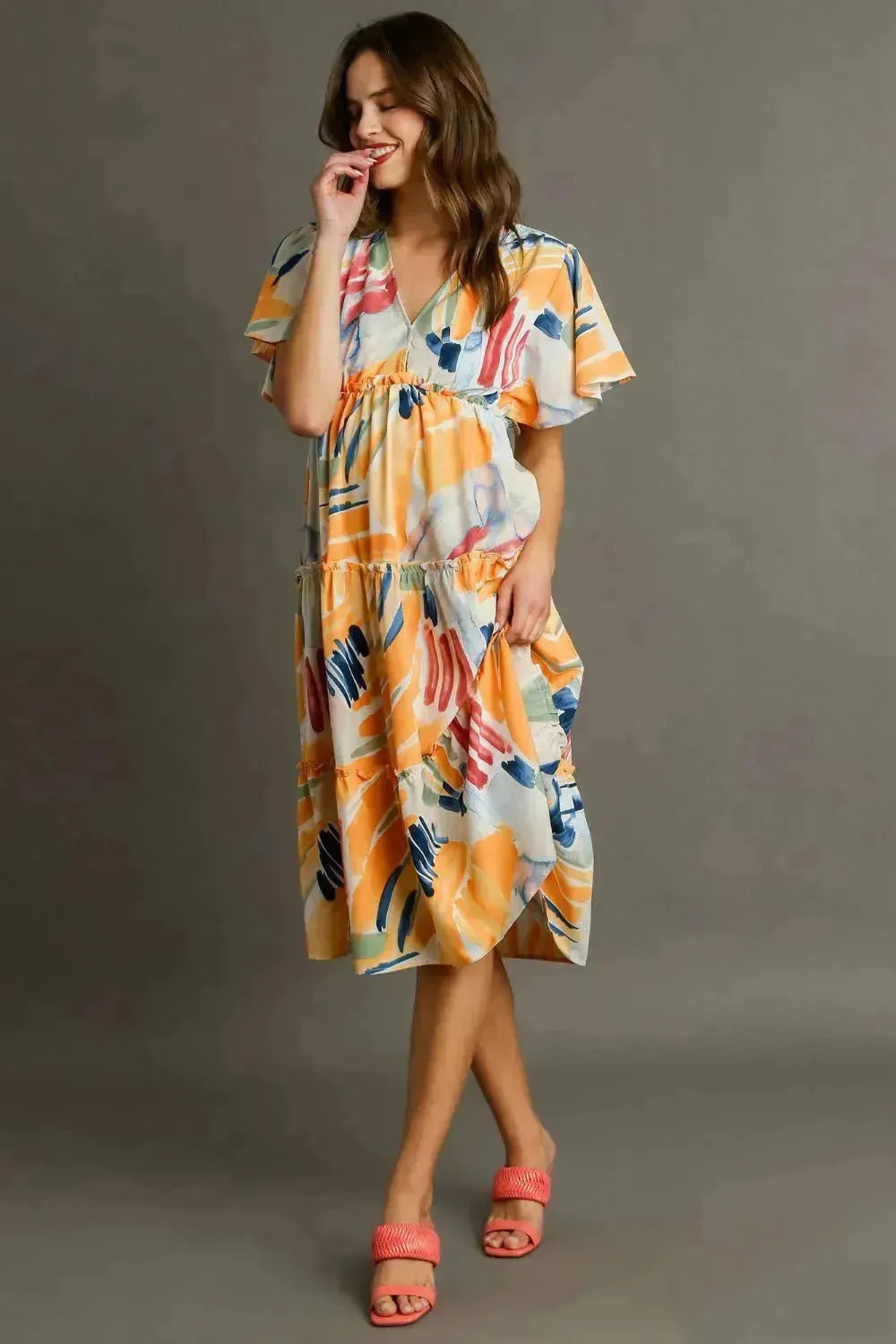 Umgee Abstract Print Midi Dress – Flutter Sleeves & Tiered Frill Detail