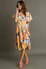 Umgee Abstract Print Midi Dress – Flutter Sleeves & Tiered Frill Detail
