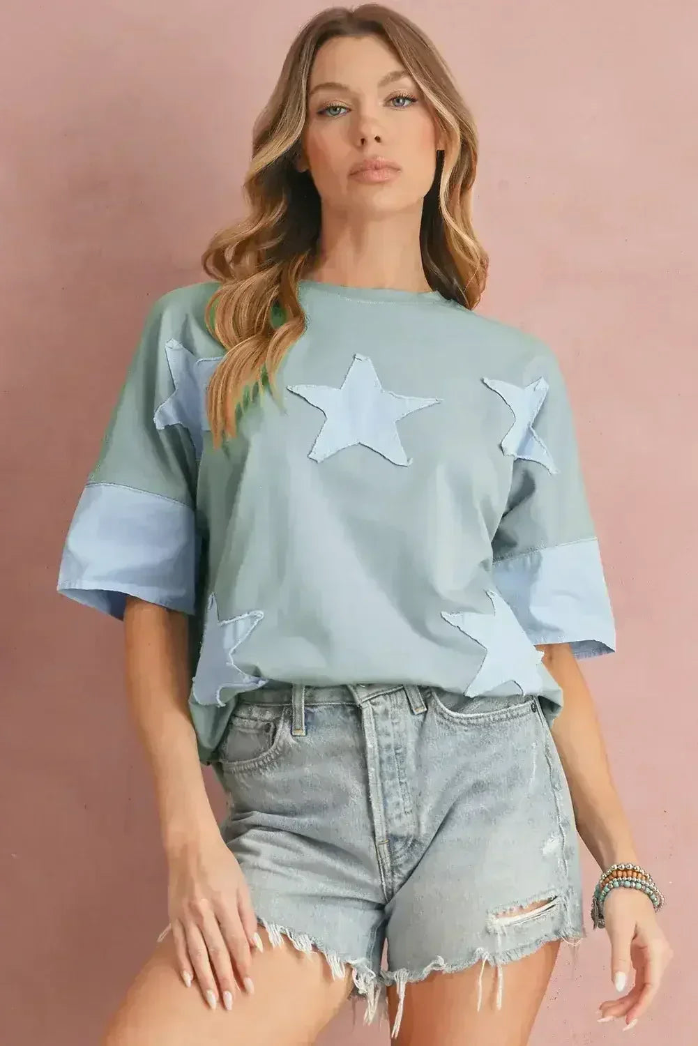 Aruba Blue Frayed Star Patched 4th of July Oversize T Shirt - Femstylo