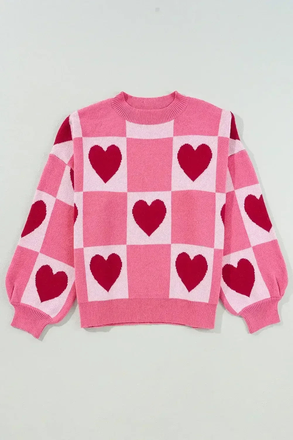 Pink Love Heart Checkered Valentine Knit Sweater - Femstylo